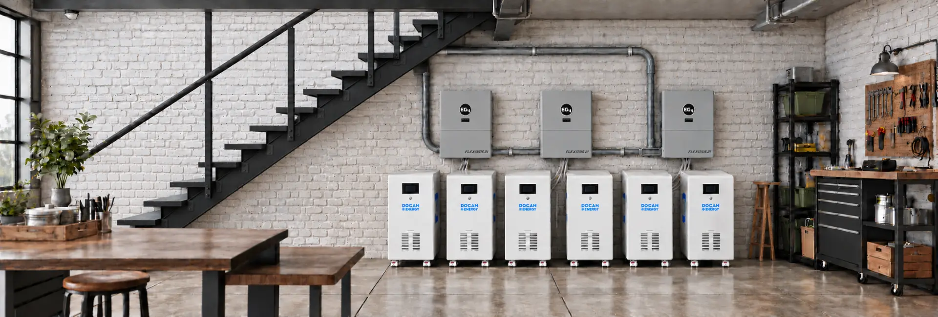 Six DOCAN ENERGY home batteries connected to three inverters